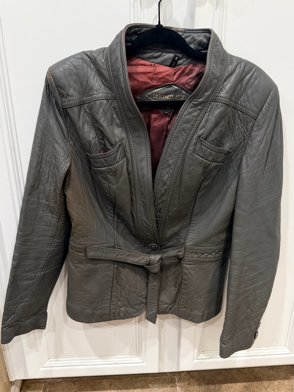 Leatherock Women's Gray Leather Belted Jacket with Burgundy Lining